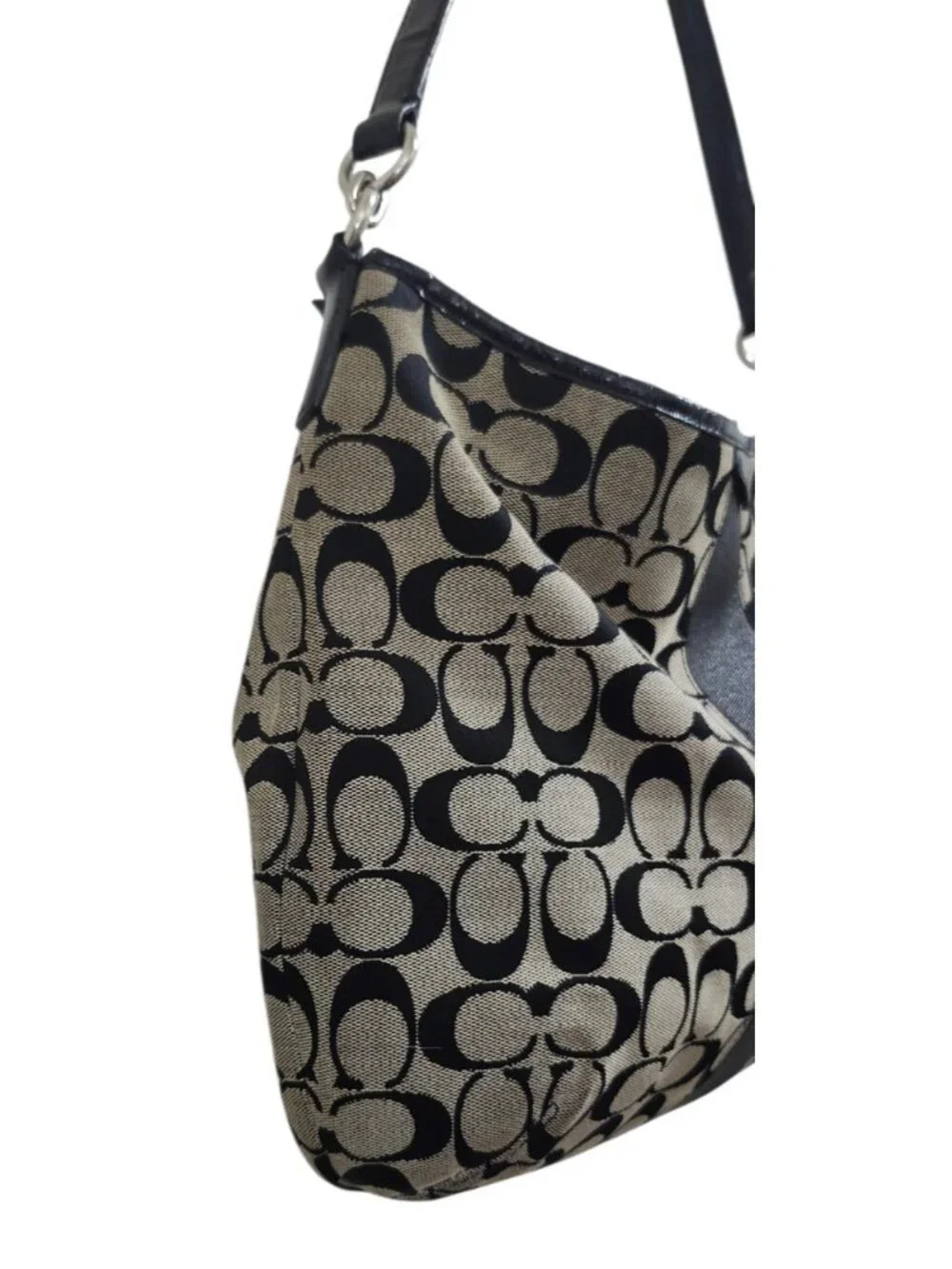 Coach F29941 Signature Stripe Hobo Shoulder Bag Black Khaki Jacquard Leather